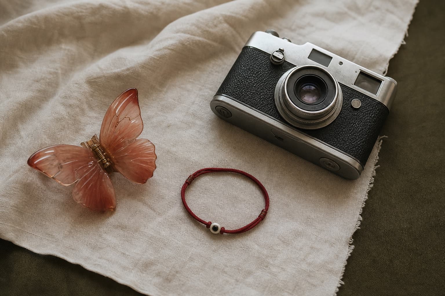 Personal keepsakes arranged as clues on softly wrinkled linen